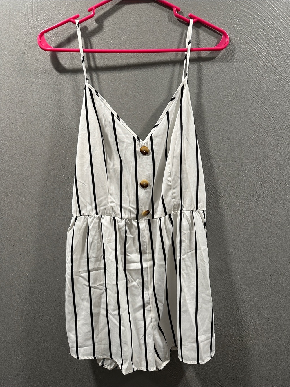 SHEIN White Romper with Black Vertical Stripes and Button Front